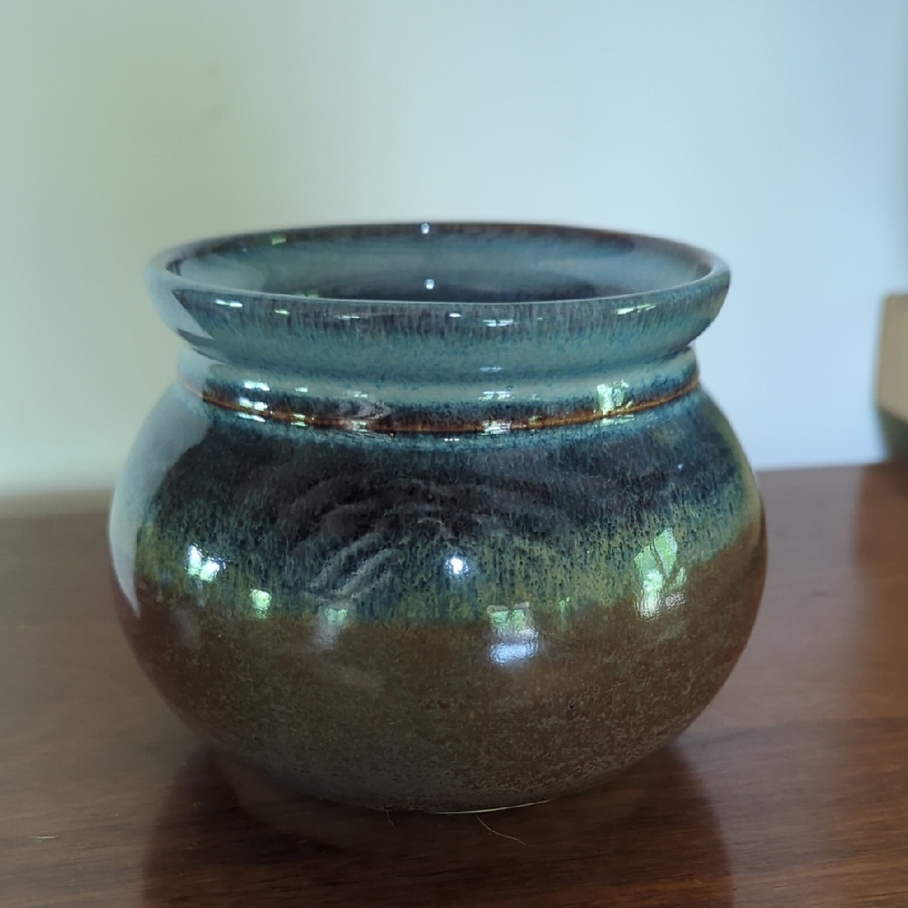 Small Ceramic Pot Earthy Colors Brown Blue Green, Plant Pot, Candy Bowl, Trinket